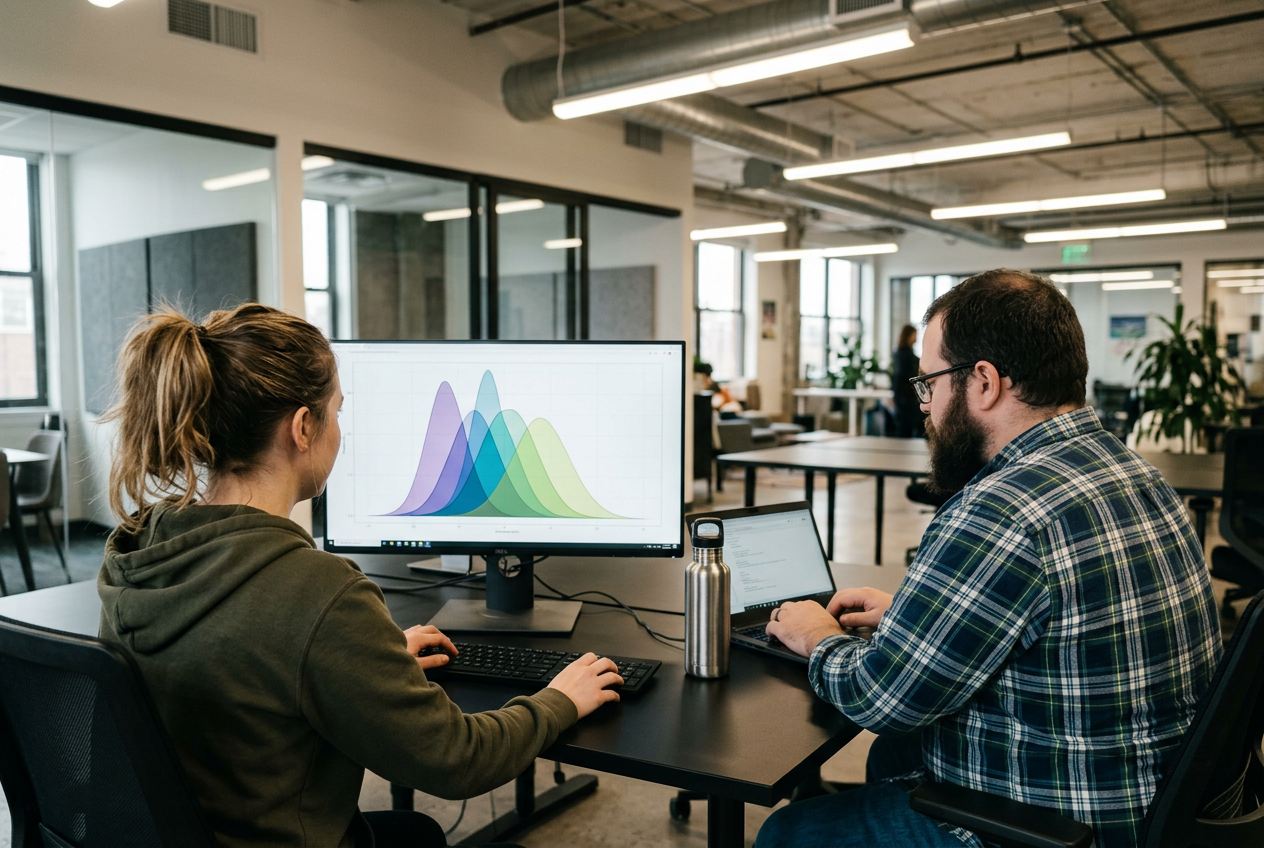 Two colleagues sharing one screen in the Pentara office, a distribution plot on the monitor