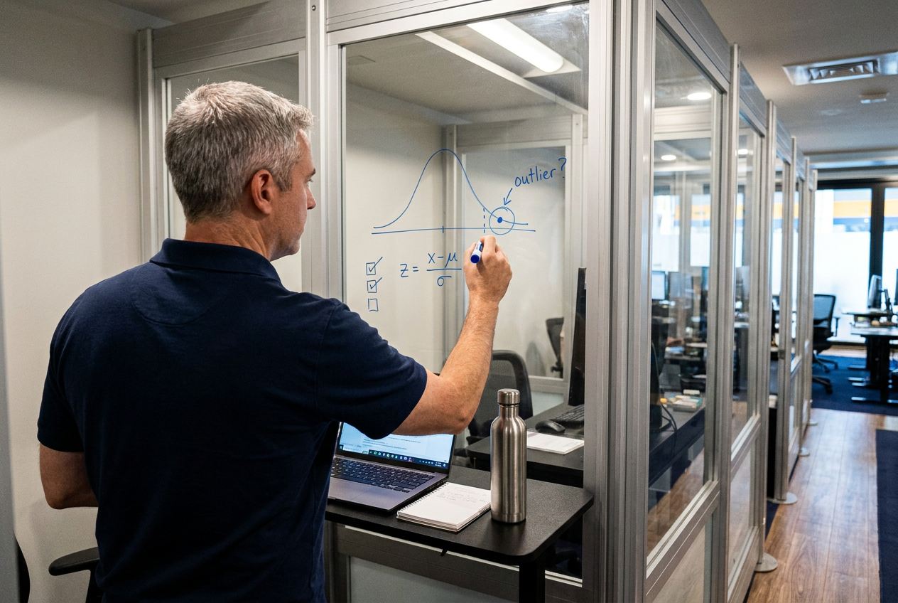 A detection method sketched on the glass wall of a Pentara focus pod, an outlier circled in the tail