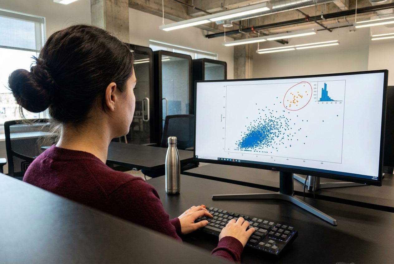 A scatter plot on screen with a cluster of flagged outliers, a hand pointing at them
