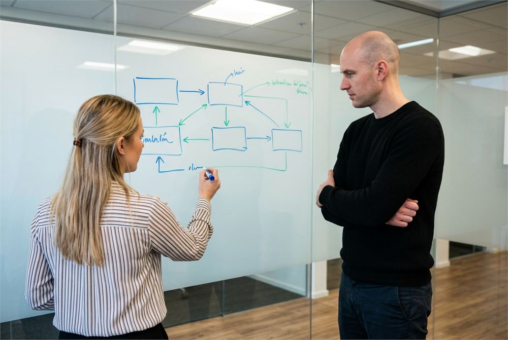 Two reviewers mapping a document's structure on a glass board