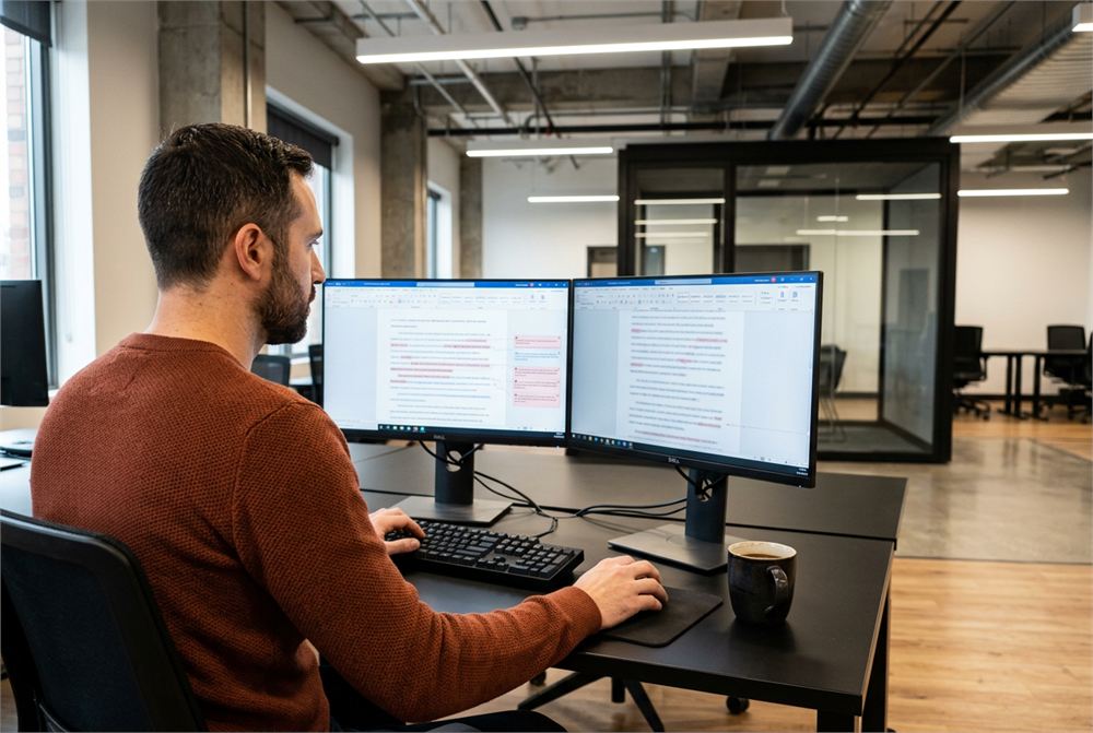 A manuscript under review across two monitors, tracked changes and margin comments visible
