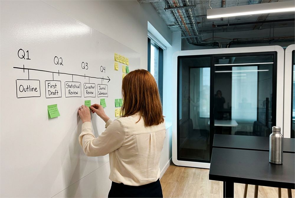 A clinical manuscript publication timeline mapped out on the whiteboard