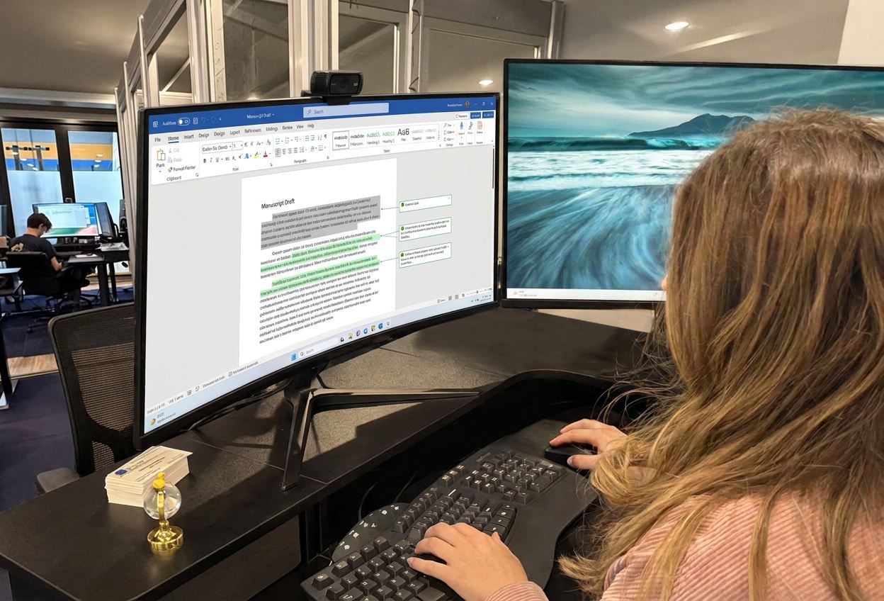 A Pentara medical writer reviewing tracked changes and comments in a clinical manuscript at dual monitors